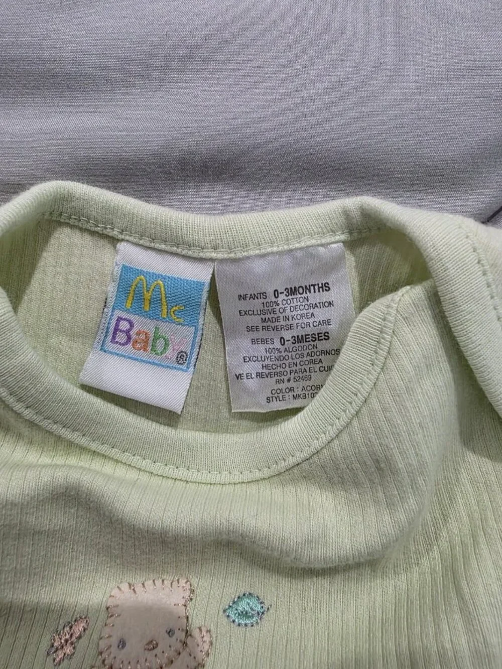 McBaby Baby Bear Embroidered Bodysuit Onesie 0–3 Months Green